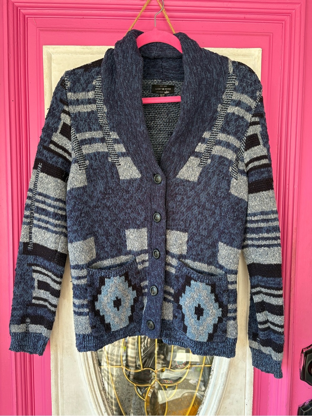 Lucky Brand Navy and Gray Geometric Shawl-Collar Cardigan